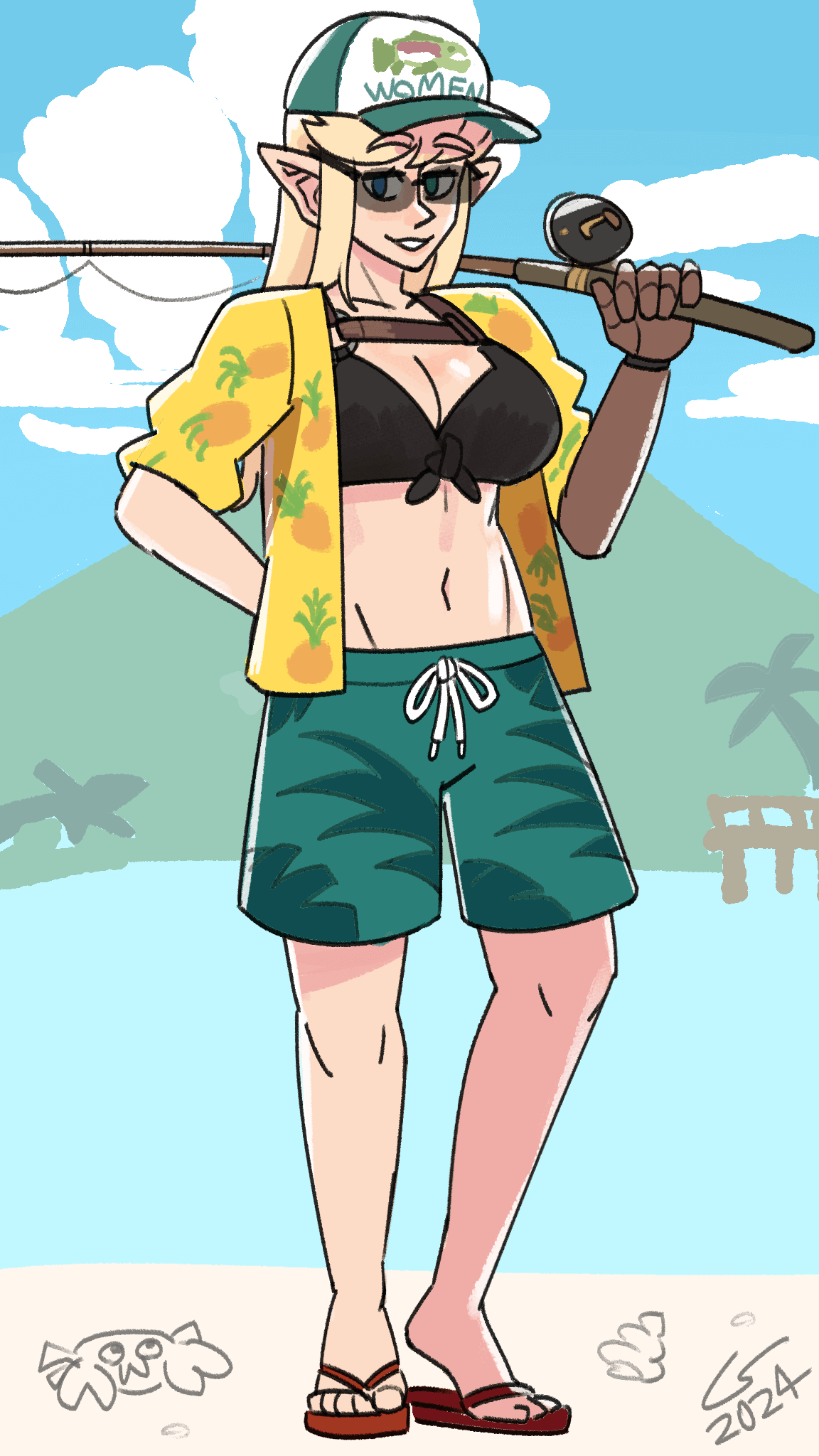 Illustration of Caelle standing on the beach, dressed in a ridiculous-but-somehow-stylish outfit and holding a fishing rod.